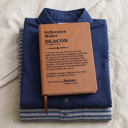 A personalized brown leather Bible journal with a bookmark ribbon, displayed on top of a folded blue striped button-down shirt on a textured white fabric background.