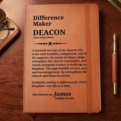A brown leather-bound journal or notebook lies on a wooden desk, printed with the text 'Difference Maker DEACON' and a descriptive definition. A small wooden case with eyeglasses and a gold pen are partially visible at the left and right edges.