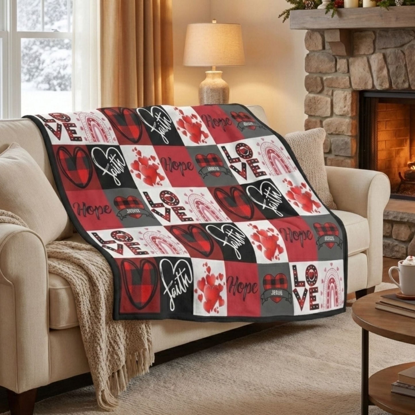 Faith Hope Love Hearts and Jesus Plaid Soft Sherpa Fleece Throw Blanket