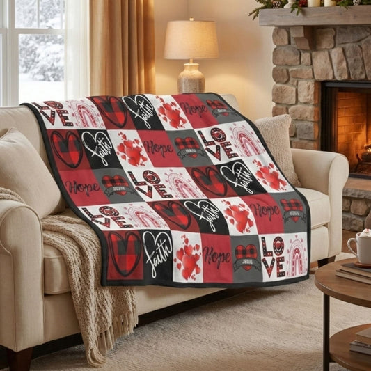 Faith Hope Love Hearts and Jesus Plaid Soft Sherpa Fleece Throw Blanket