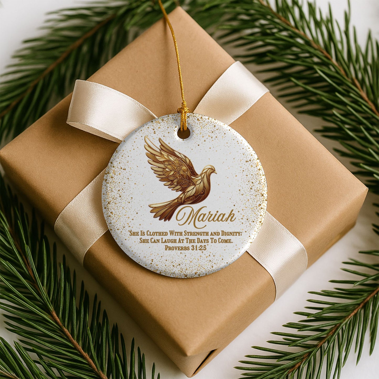 Bible Verse Personalized Ceramic Christmas Ornament With Gold Dove
