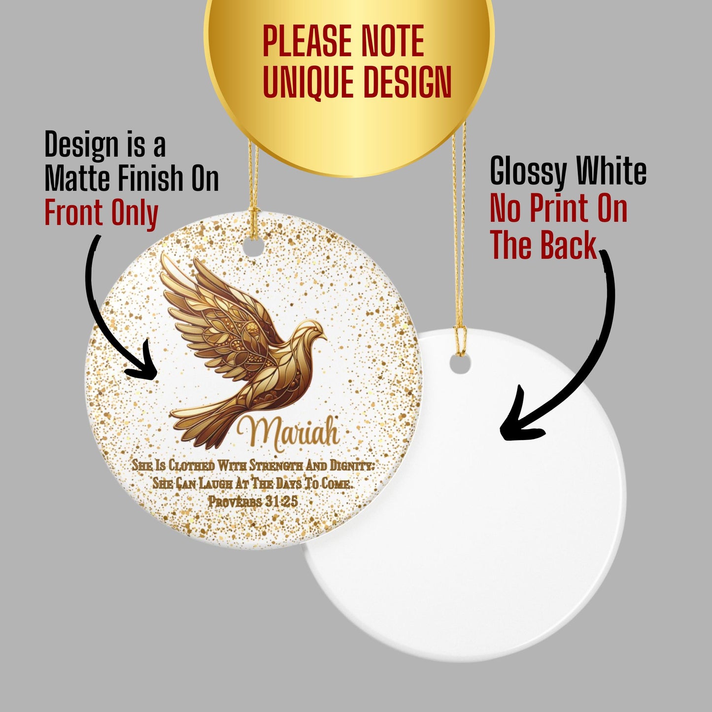 Bible Verse Personalized Ceramic Christmas Ornament With Gold Dove