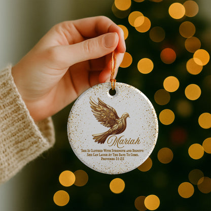 Bible Verse Personalized Ceramic Christmas Ornament With Gold Dove