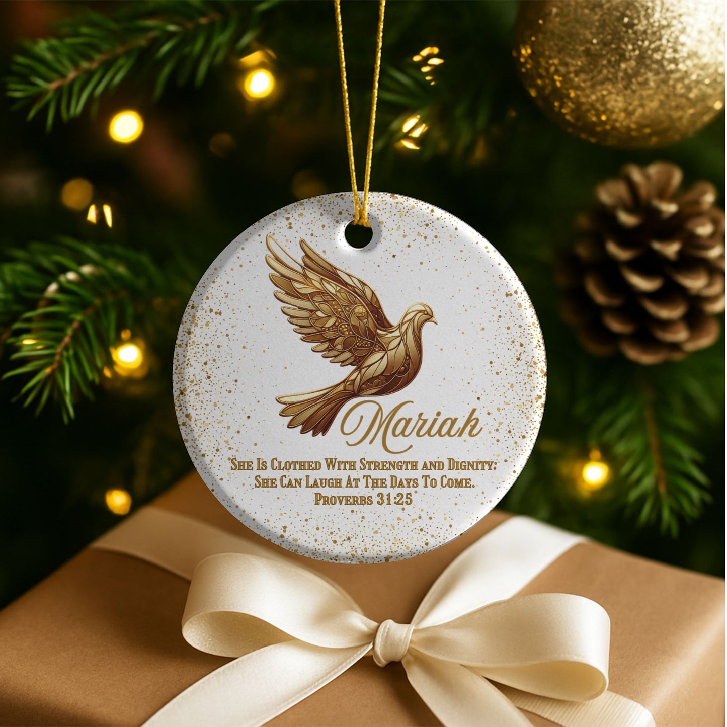 Bible Verse Personalized Ceramic Christmas Ornament With Gold Dove