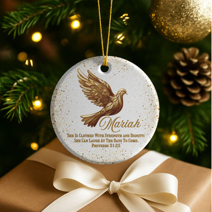 Bible Verse Personalized Ceramic Christmas Ornament With Gold Dove