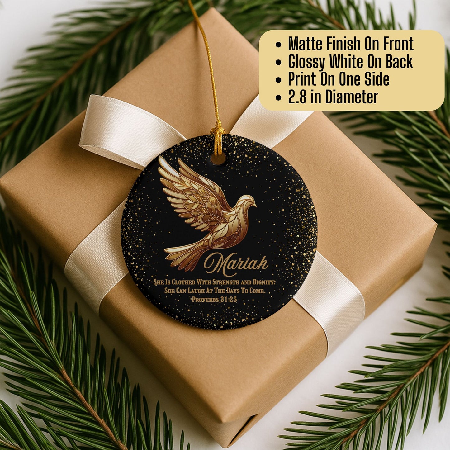 Bible Verse Personalized Ceramic Christmas Ornament With Gold Dove