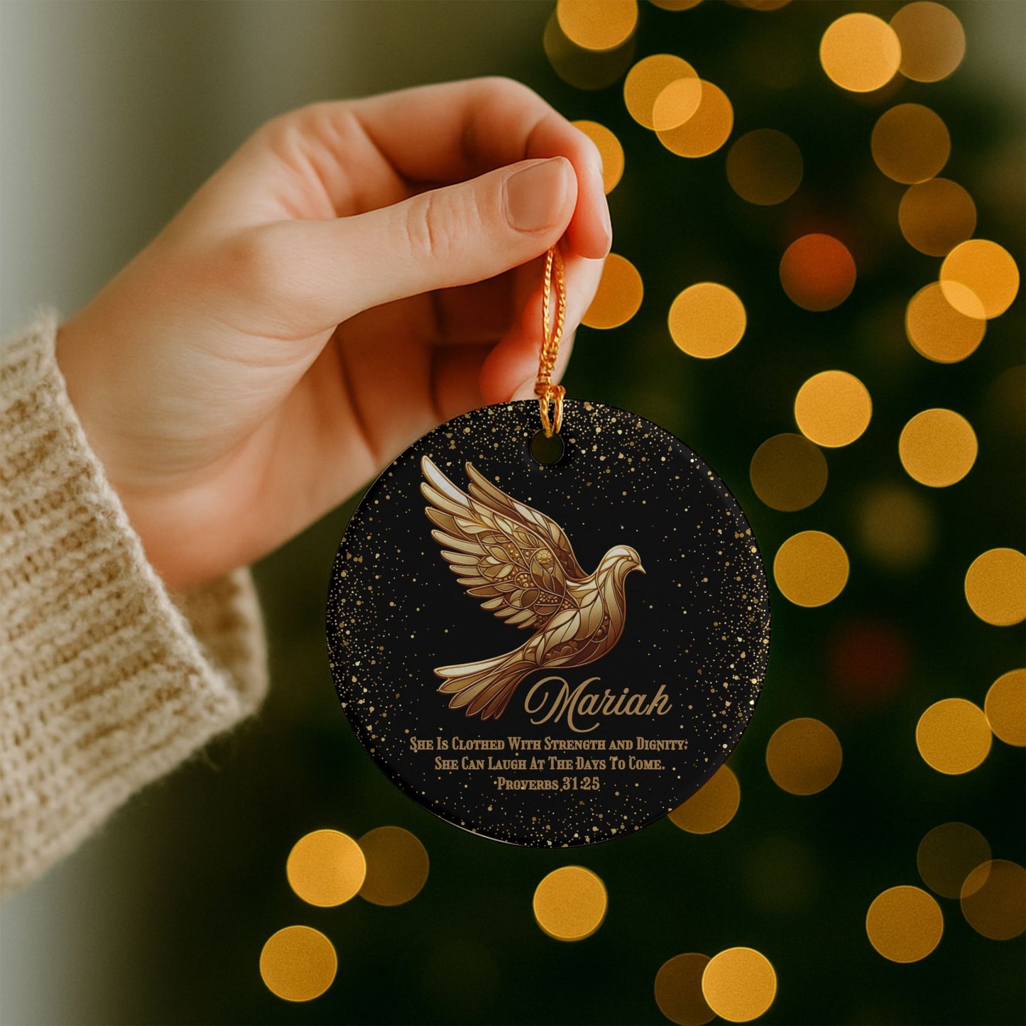Bible Verse Personalized Ceramic Christmas Ornament With Gold Dove