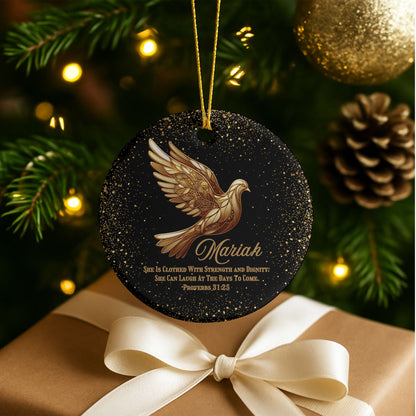 Bible Verse Personalized Ceramic Christmas Ornament With Gold Dove