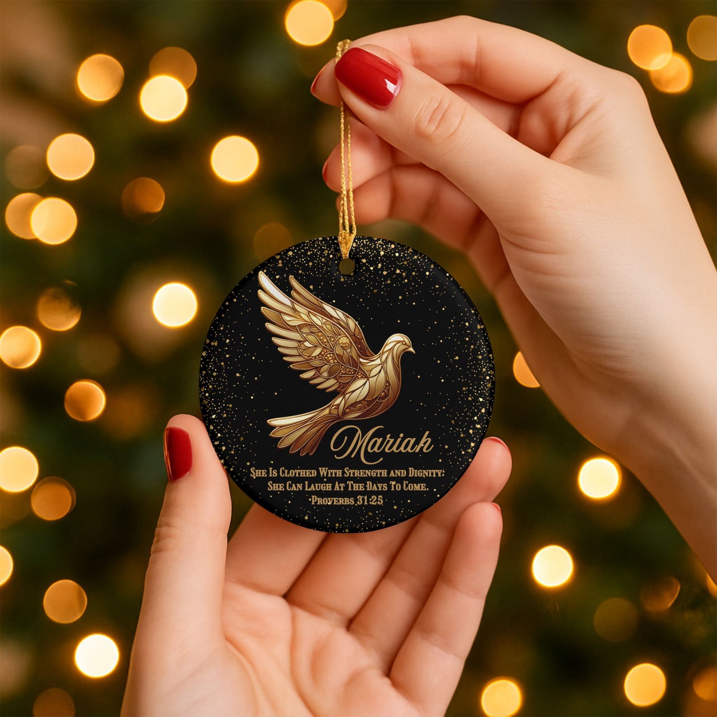 Bible Verse Personalized Ceramic Christmas Ornament With Gold Dove