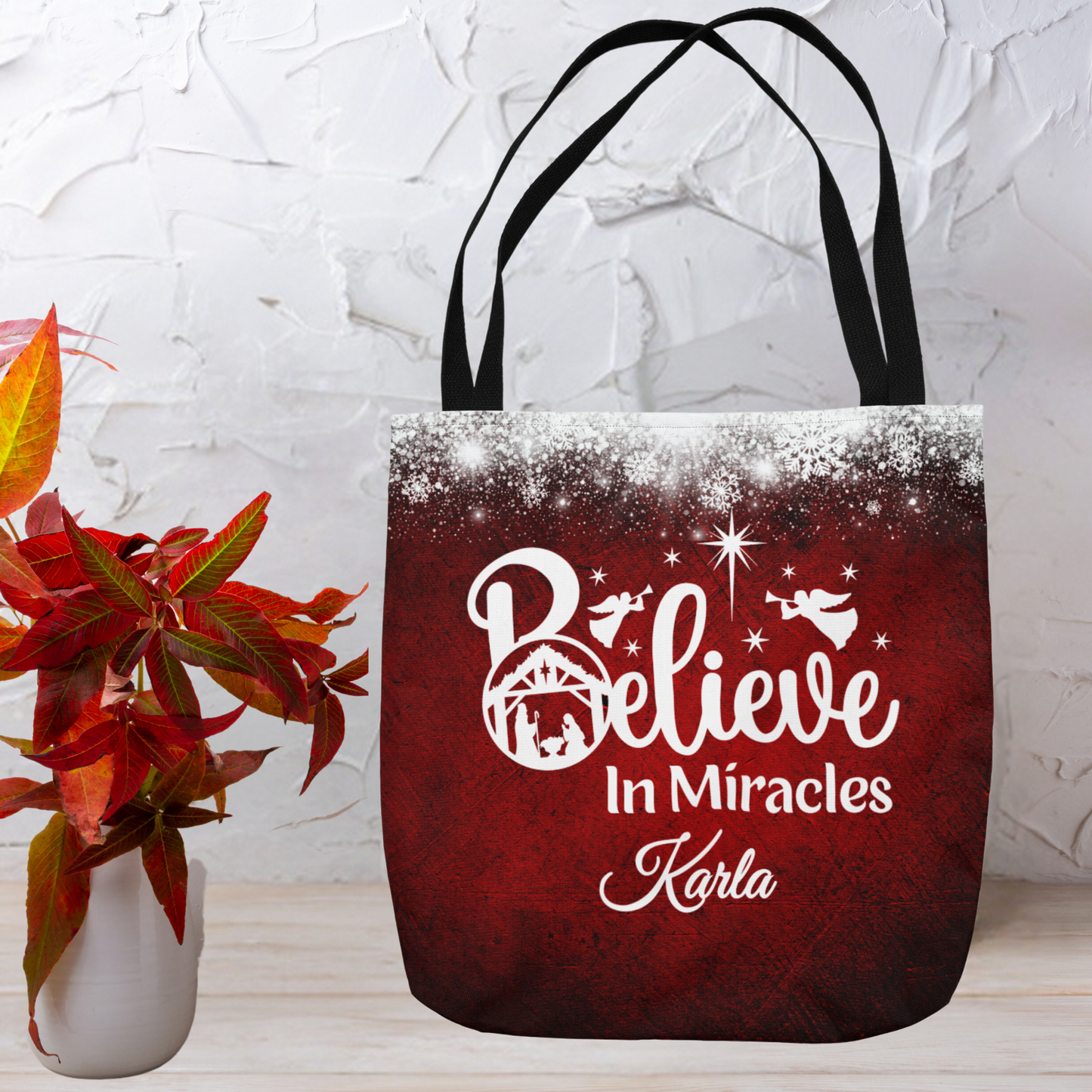 Nativity Scene Believe In Miracles Christmas Red Tote Bag