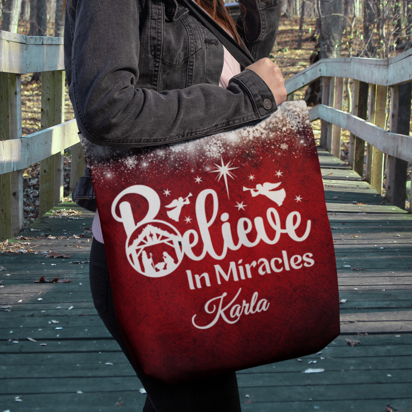 Nativity Scene Believe In Miracles Christmas Red Tote Bag