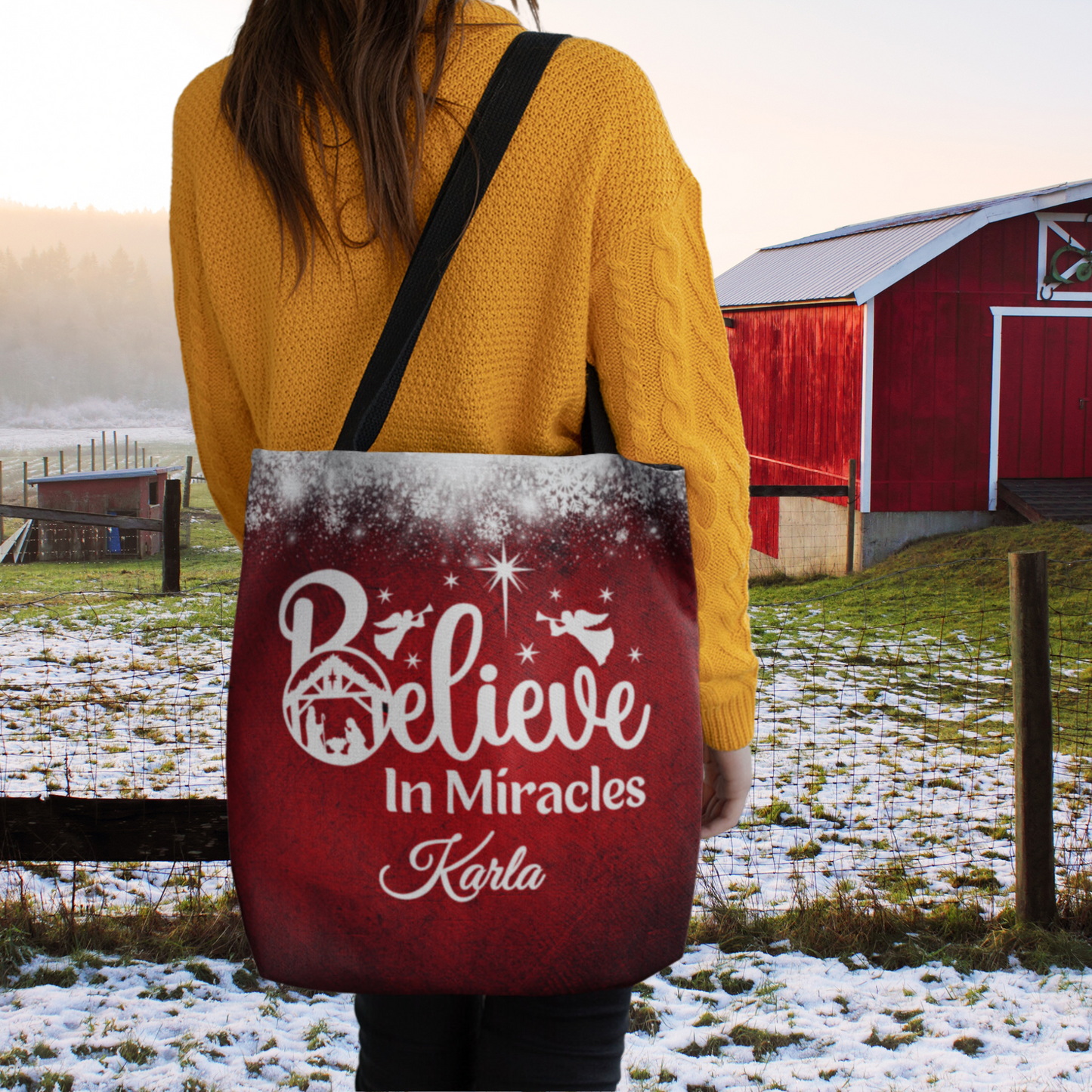 Nativity Scene Believe In Miracles Christmas Red Tote Bag