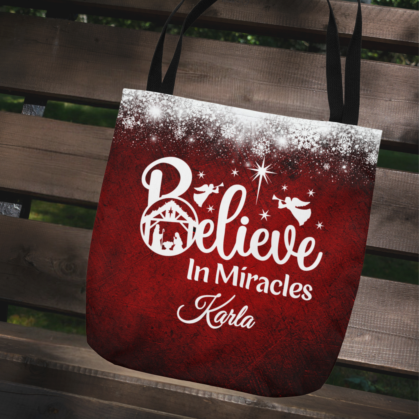 Nativity Scene Believe In Miracles Christmas Red Tote Bag