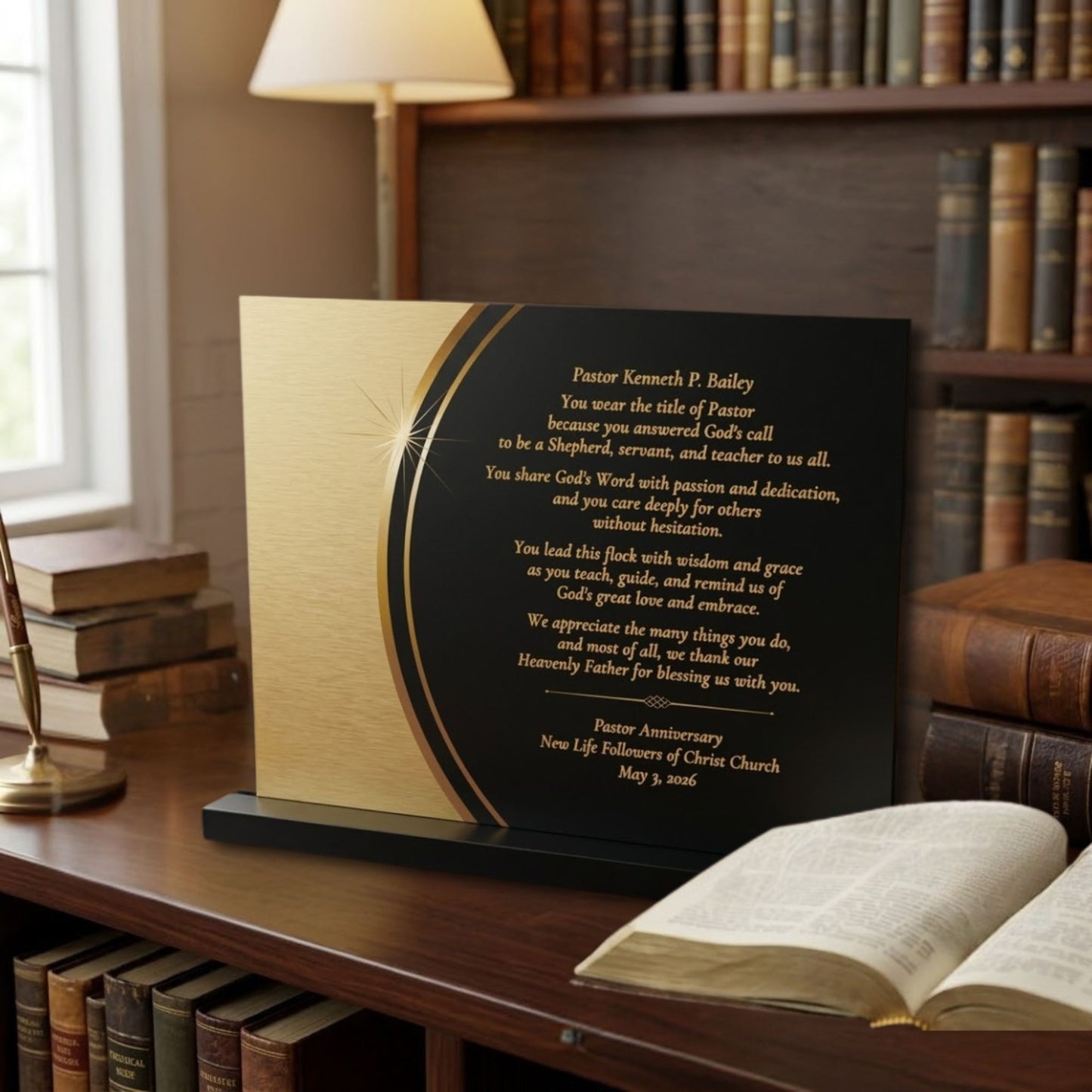 Pastor appreciation decorative plaque with printed text on a black and gold background and a black acrylic stand. The plaque is sitting on a wooden bookshelf with other bookshelves in the background.