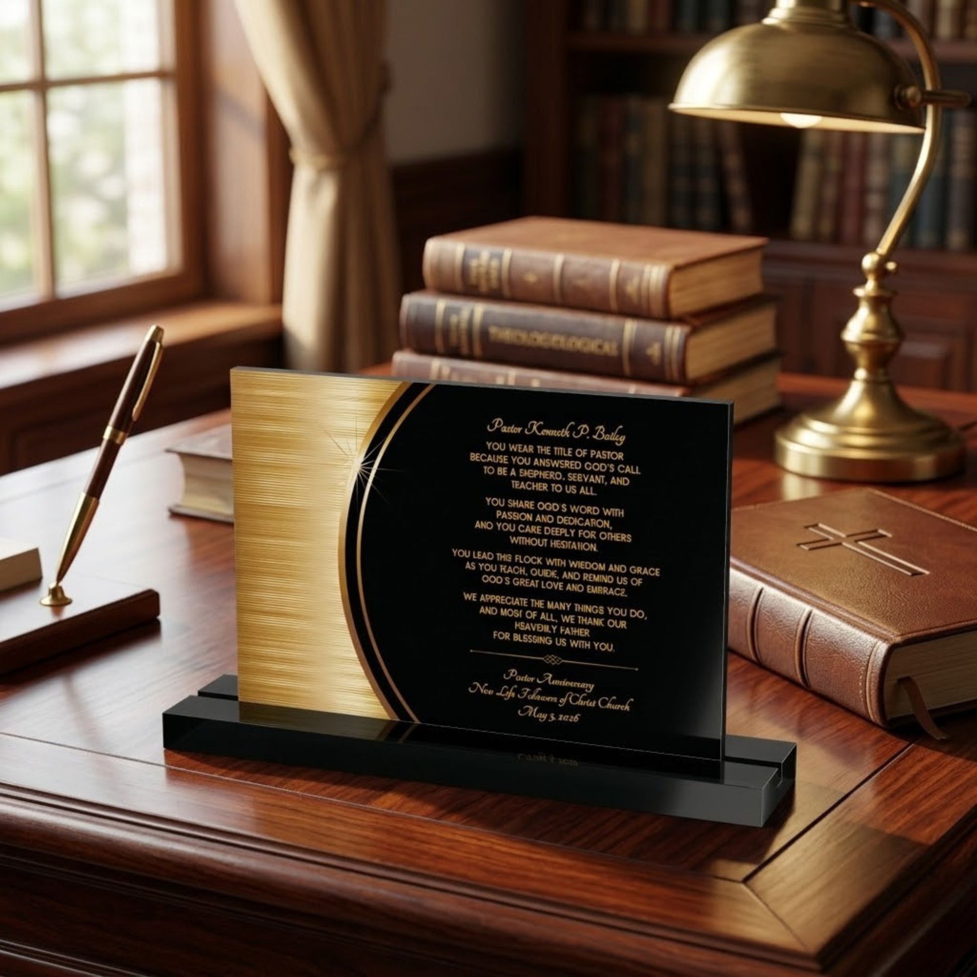 Pastor appreciation decorative plaque with printed text on a black and gold background and a black acrylic stand. The plaque is sitting on a wooden desk with books and a lamp in the background.