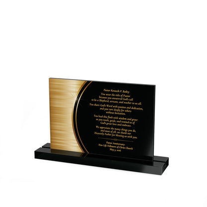 Pastor appreciation 7x5 decorative plaque with printed text on a black and gold background and a black acrylic stand.