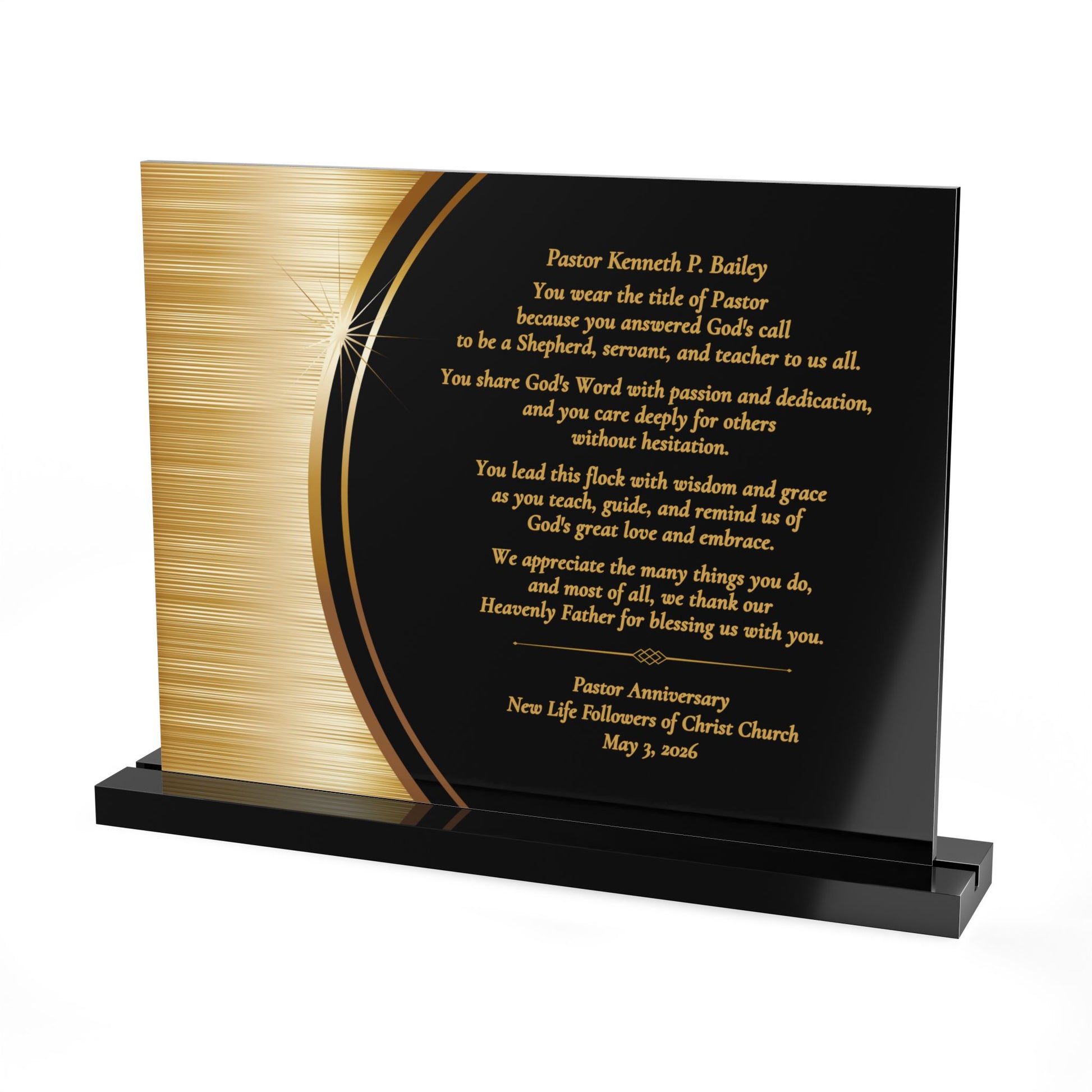 Pastor appreciation 10x8 decorative plaque with printed text on a black and gold background and a black acrylic stand.