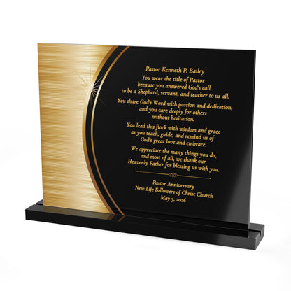 Pastor appreciation 10x8 decorative plaque with printed text on a black and gold background and a black acrylic stand.