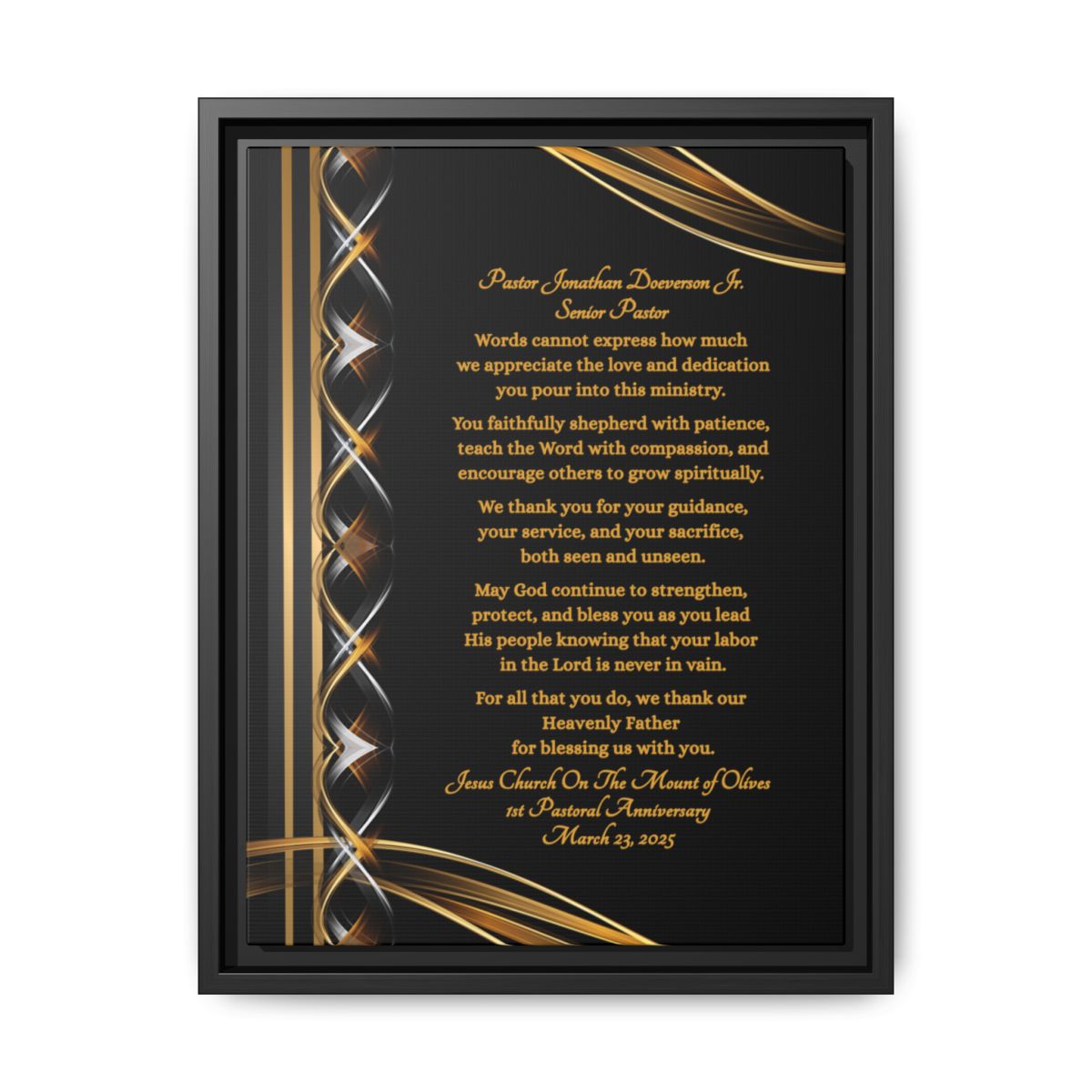 Pastor Appreciation Plaque canvas with decorative gold and silver design on black background with black frame front view.