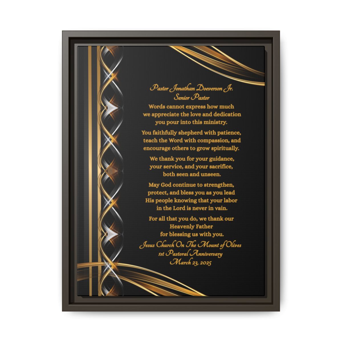 Pastor Appreciation Plaque canvas with decorative gold and silver design on black background with espresso frame