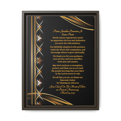 Pastor Appreciation Plaque canvas with decorative gold and silver design on black background with espresso frame