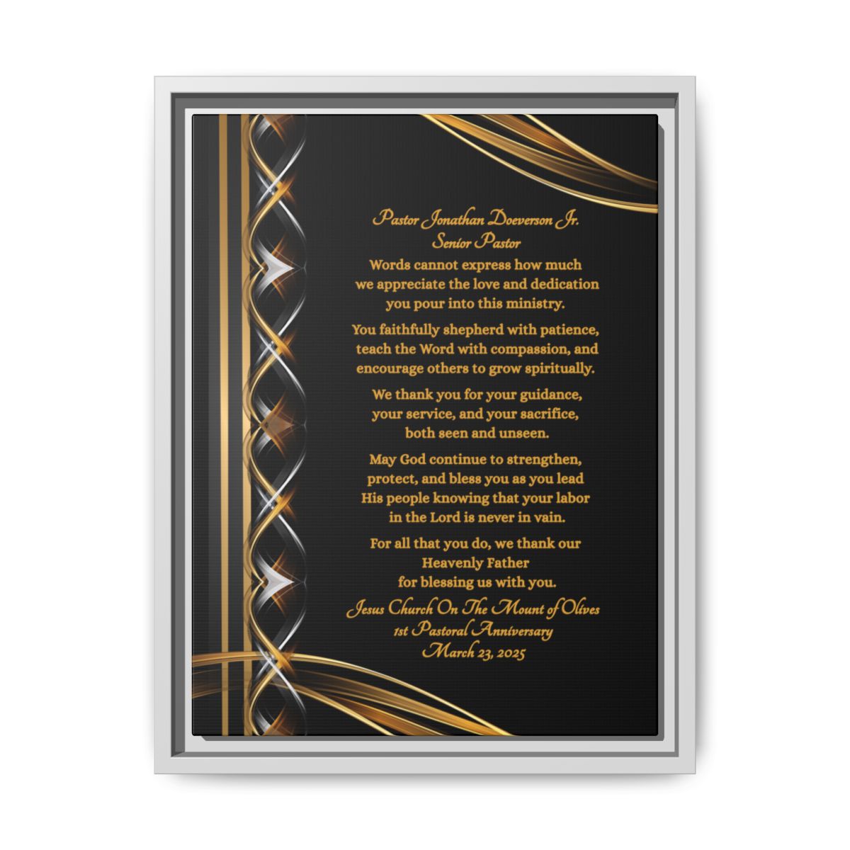 Pastor Appreciation Plaque canvas with decorative gold and silver design on black background with white frame