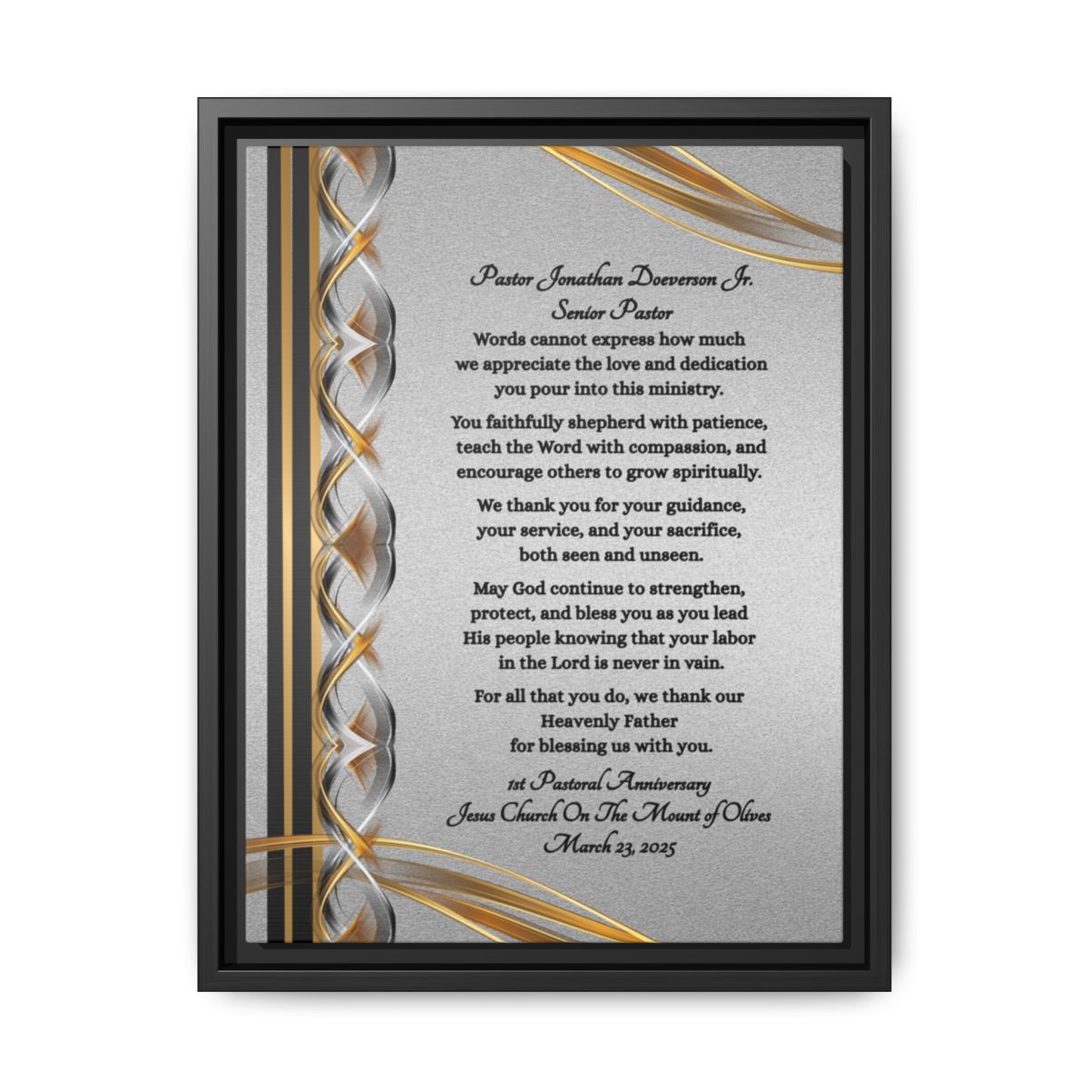 Pastor Appreciation Plaque canvas with decorative gold and silver design framed on a silver background front view.
