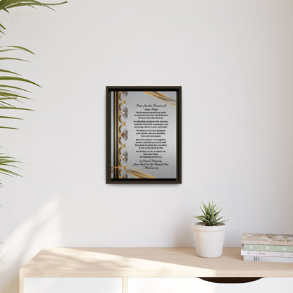 Pastor Appreciation Plaque canvas with decorative gold and silver design on silver background with espresso frame hanging on a wall.