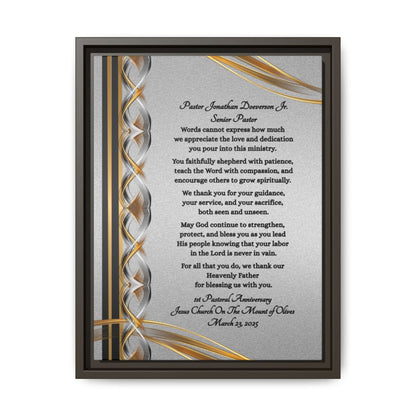 Pastor Appreciation Plaque canvas with decorative gold and silver design on silver background with espresso frame