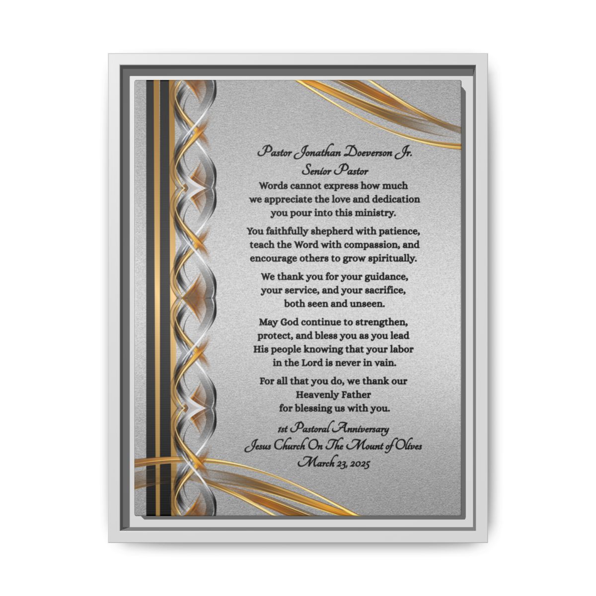 Pastor Appreciation Plaque canvas with decorative gold and silver design on silver background with white frame front view.