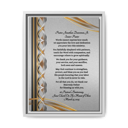 Pastor Appreciation Plaque canvas with decorative gold and silver design on silver background with white frame front view.