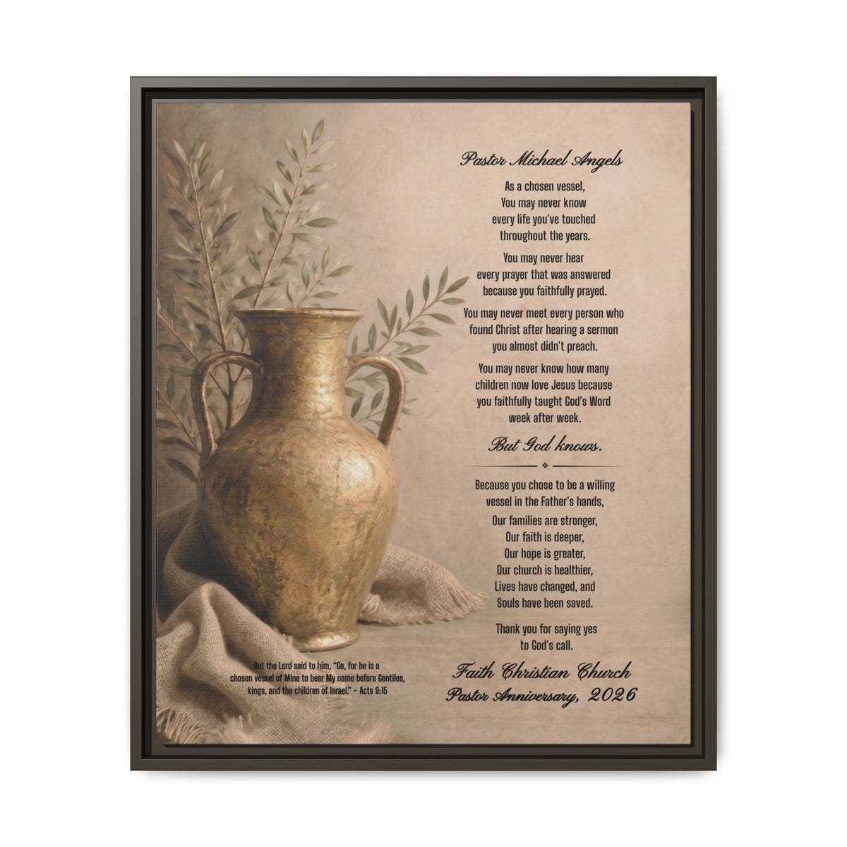 A personalized pastor framed printed canvas with a sepia-toned illustration of a vase and olive branches, alongside two poems.