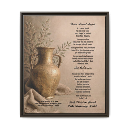 A personalized pastor framed printed canvas with a sepia-toned illustration of a vase and olive branches, alongside two poems.
