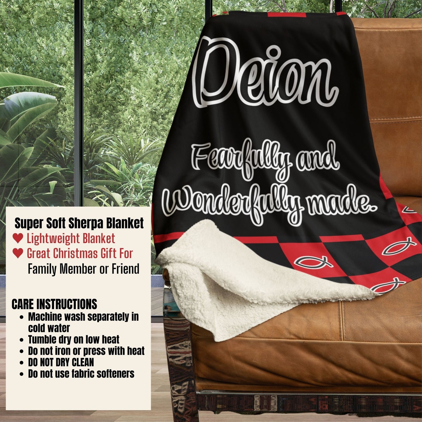 Personalized Wonderfully Made Sherpa Blanket - Red Black Checker