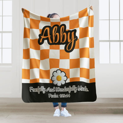 Personalized Wonderfully Made Sherpa Blanket - White and Orange Checker