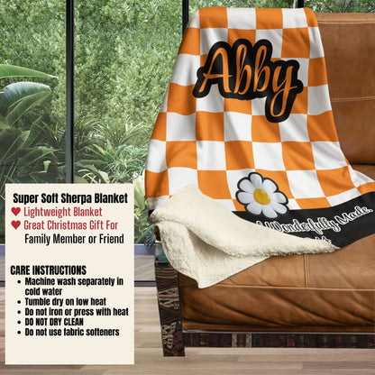 Personalized Wonderfully Made Sherpa Blanket - White and Orange Checker