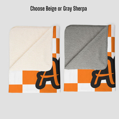 Personalized Wonderfully Made Sherpa Blanket - White and Orange Checker