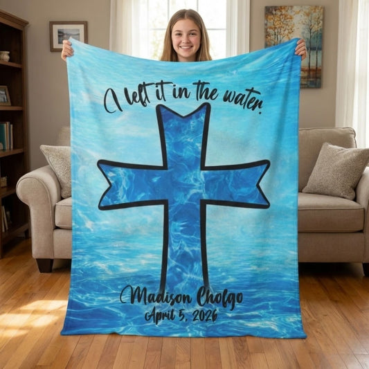 girl holding large personalized sherpa baptism blanket