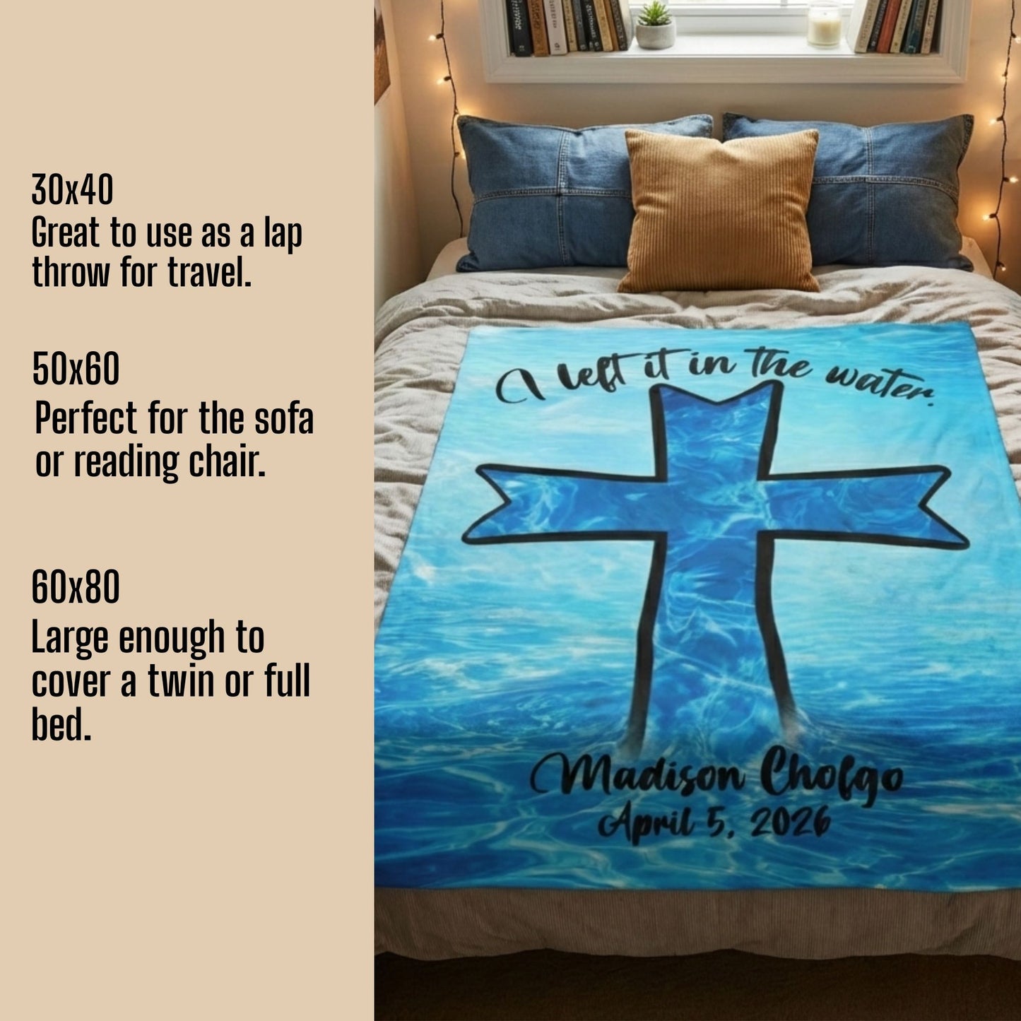 Blue blanket with a cross design on a bed, with text describing size and uses.