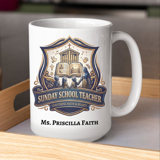 A white ceramic coffee mug with a 'Sunday School Teacher' graphic and the teacher's name personalized on it, sitting on a wooden tray.