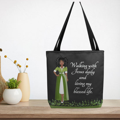 Personalized African American Woman Tote Bag Walking With Jesus