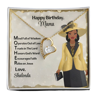 Features an African American Mother wearing a beautiful Sunday yellow dress and matching yellow with a Bible in her hand. Features an Acronym of Mother. Personalized Birthday Message Card And Forever Love Necklace. 