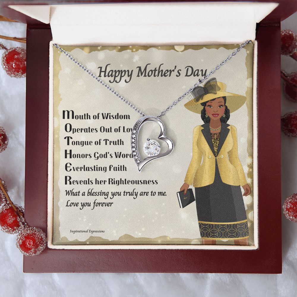 African American Mother Acronym Message Card Mother's Day Forever Love Heart Necklace