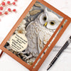 Light brown vegan leather journal with a beautiful white owl with the 3D print look on the front cover. Bible verse reads 