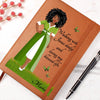 Printed image of an African American Woman with Christian quote on the front cover of a light brown vegan writing journal. Christian quote says, 