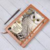 Load image into Gallery viewer, Light brown vegan leather writing journal with a beautiful white owl with the 3D print look on the front cover. Bible scripture reads &quot;What then shall we say to these things? If God is for us, Who can be against us? ~ Romans 8:31.