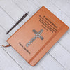 Load image into Gallery viewer, Brown vegan leather writing journal with a silver cross on the front cover.  Front cover also features Bible verse 2 Timothy 4:2 as well as a place to personalize a name underneath the cross. Bible scripture is printed in black.