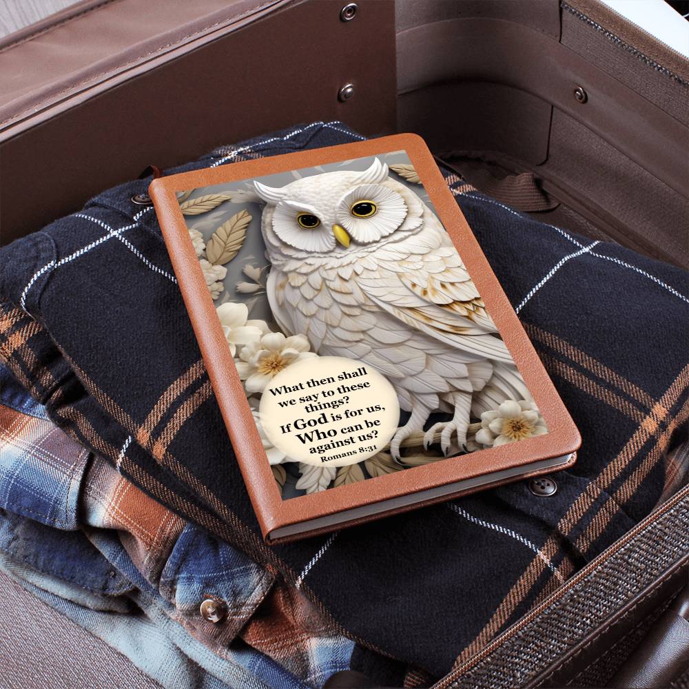 Owl With Bible Verse Leather Journal - Who Can Be Against Us