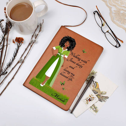 Personalized African American Woman Vegan Leather Writing Journal - Walking With Jesus
