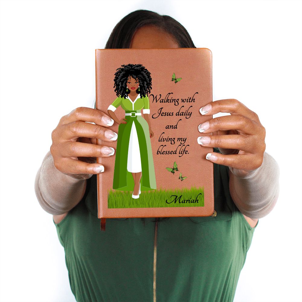 Personalized African American Woman Vegan Leather Writing Journal - Walking With Jesus